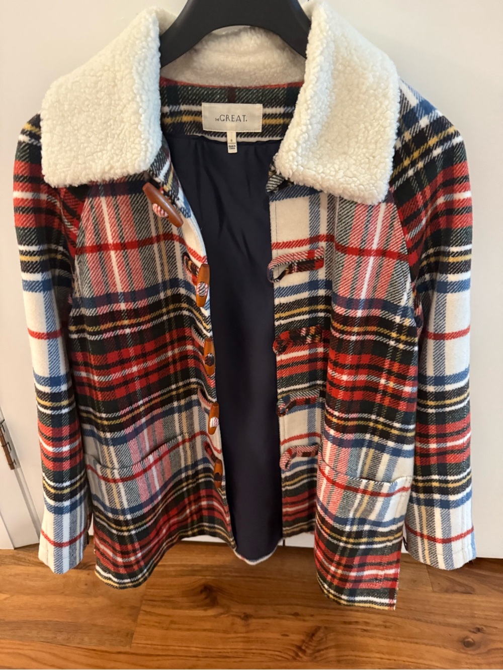 THE GREAT. Cabinmate Toggle Plaid Coat with White Sherpa Collar